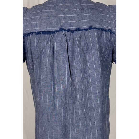 Doe & Rae Large Blue White Stripe Ruffle Cap Sleeve Frayed Edge Top - Picture 7 of 8